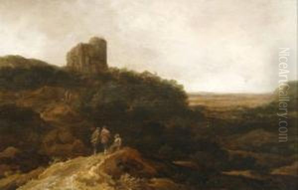 A Mountain Landscape With Three Figures Onrock And Ruin In The Background Oil Painting by Pieter De Molijn