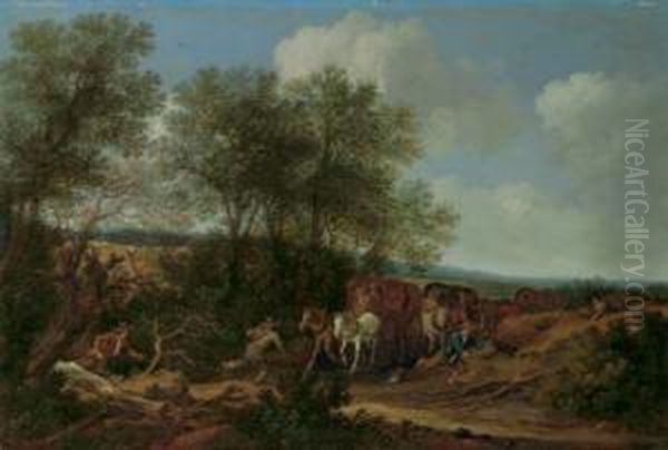 Brigands Attacking A Caravan Oil Painting by Pieter De Molijn