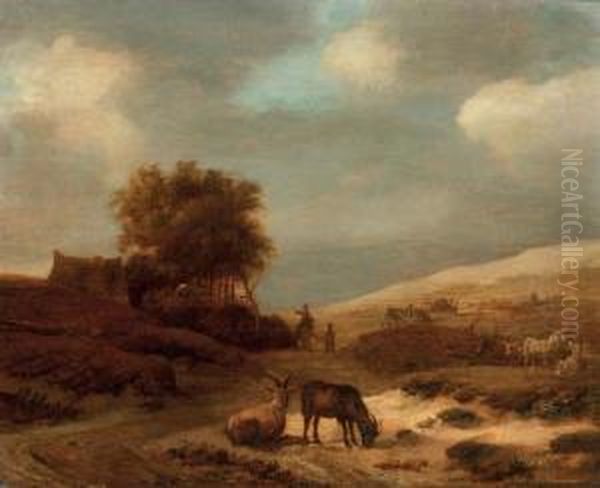 A Dune Landscape With Goats And Sheep, Travellers On A Track And Cottages Beyond Oil Painting by Pieter De Molijn