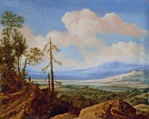 An Extensive Rocky Landscape With A Traveller Resting On A Path Oil Painting by Pieter De Molijn