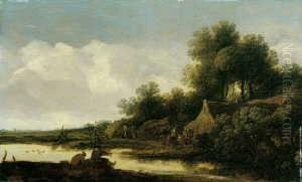 Flusslandschaft Mit Bauerngehoft Und Angler. Oil Painting by Pieter De Molijn