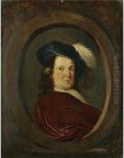 Self Portrait Of The Artist, Head And Shoulders, Set In A Stone Cartouche Oil Painting by Pieter De Molijn