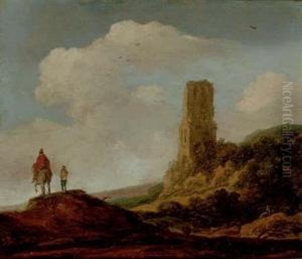 Landscape With A Ruined Tower And Travelers On A Path Oil Painting by Pieter De Molijn