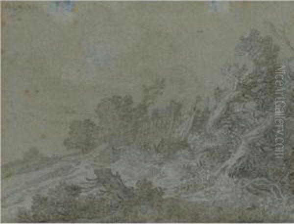 Dune Landscape With Windswept Trees By A Fence To The Right Oil Painting by Pieter De Molijn