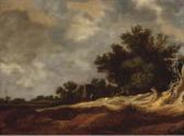 A Dune Landscape With Peasants Resting, A Farmhouse Beyond Oil Painting by Pieter De Molijn