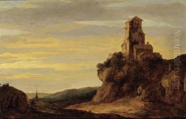 Landscape With Figures Walking 
On A Path Towards A Ruin On A Hill A Church 
Tower In The Background Oil Painting by Pieter De Molijn