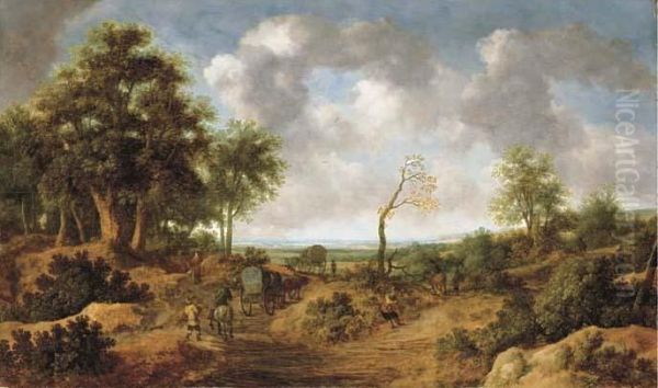 A Wooded Landscape With Travellers In Wagons On A Path Oil Painting by Pieter De Molijn