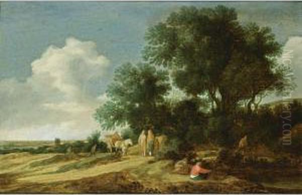 An Extensive Dune Landscape With
 Travellers And Horse-drawn Wagon On A Path, With A Village In The 
Background Oil Painting by Pieter De Molijn