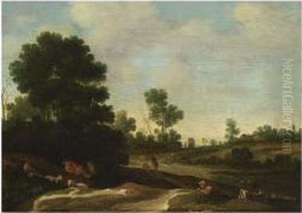 A Wooded Dune Landscape With Herdsmen Resting Oil Painting by Pieter De Molijn