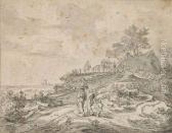 Landscape With Three Figures On A Path Walking Toward Afarmhouse Oil Painting by Pieter De Molijn