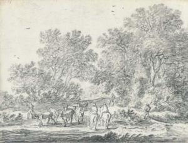 A Woodland Path With Mounted Travellers And Herdsmen With Cattle Oil Painting by Pieter De Molijn