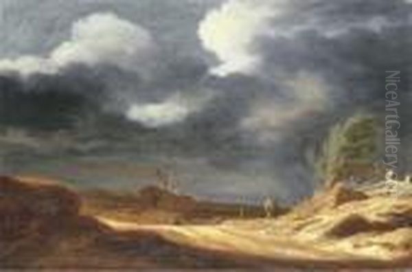 A Dune Landscape With Travellers On A Path Oil Painting by Pieter De Molijn