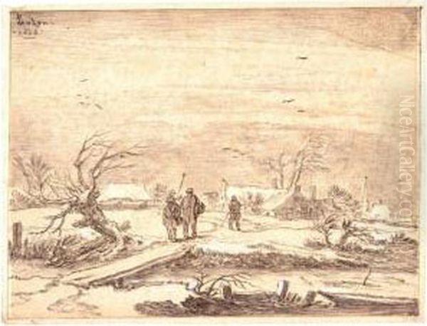 Winter Landscape, With Peasants On A Windswept Road, And A Village Behind Oil Painting by Pieter De Molijn