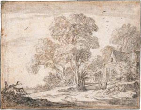 A Cottage Amongst Trees, With A Peasant Woman And A Child Seated On A Bank. Oil Painting by Pieter De Molijn