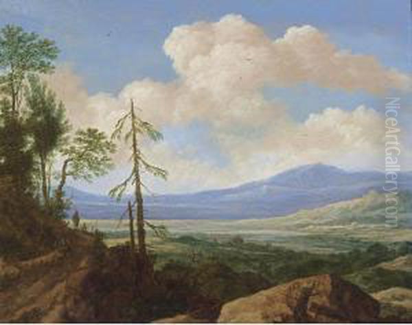 A Panoramic Hilly Landscape With
 A Traveller Resting On A Path Near Trees, A Valley With A Town And 
Mountains Beyond Oil Painting by Pieter De Molijn