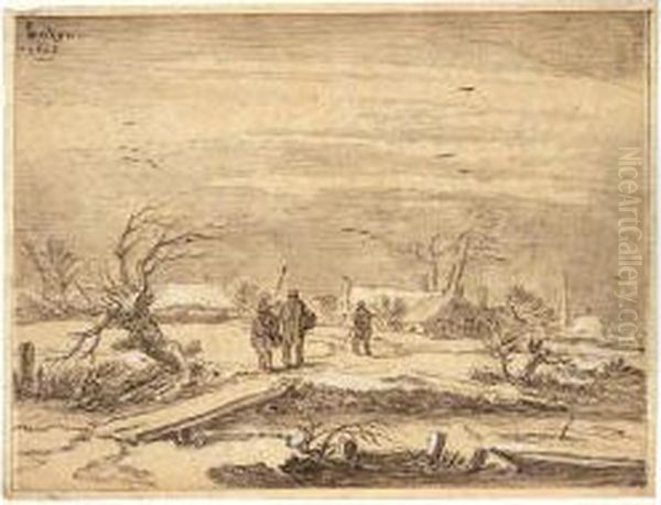 Winter Landscape, With Peasants On A Windswept Road, And A Village Behind Oil Painting by Pieter De Molijn