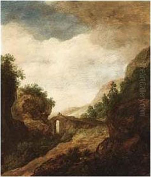 A Mountainous Wooded Landscape With Travellers Over A Bridge Oil Painting by Pieter De Molijn