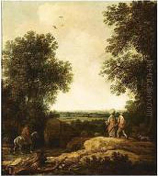 A Wooded Landscape With Horse-drawn Carriages And Travellers Oil Painting by Pieter De Molijn