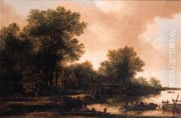 A Hamlet In A Wood By A River With Fishermen In A Rowing Boat By Afootbridge Oil Painting by Pieter De Molijn