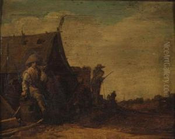 A Soldier Smoking A Pipe Outside A Tent, A Village Beyond by Pieter De Molijn