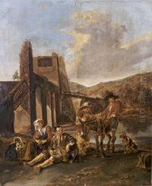 Travellers And Their Animals Resting By A Fortified Bridge Oil Painting by Hendrick Mommers