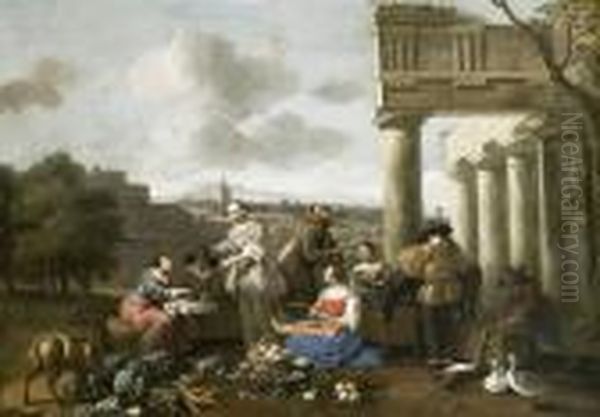 Scena Di Mercato Presso Un Tempio Dorico E Una Citta In Lontananza Oil Painting by Hendrick Mommers