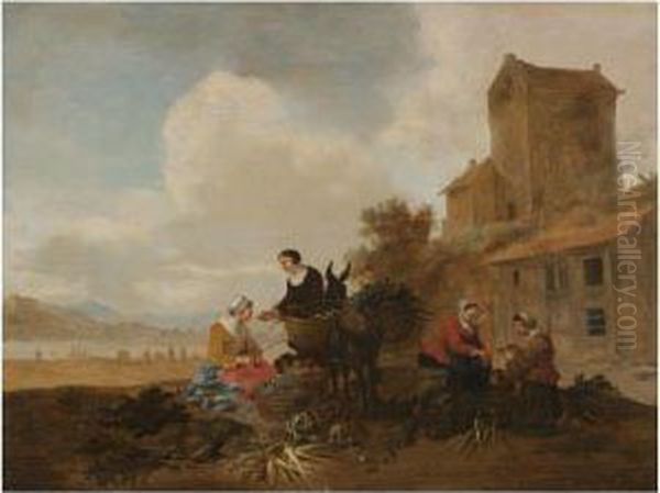 A River Landscape With Vegetable Sellers In The Foreground With A Donkey Oil Painting by Hendrick Mommers