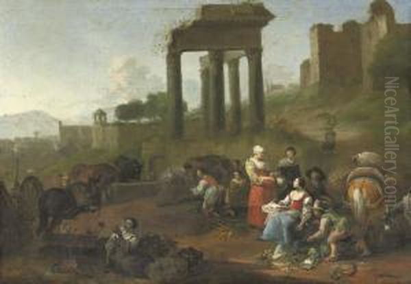 A Market Place Amongst Ancient Ruins Oil Painting by Hendrick Mommers