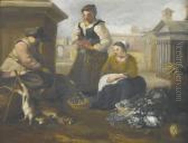 Marktszene Mit Zwei Handlerinnen Und Kunde Oil Painting by Hendrick Mommers