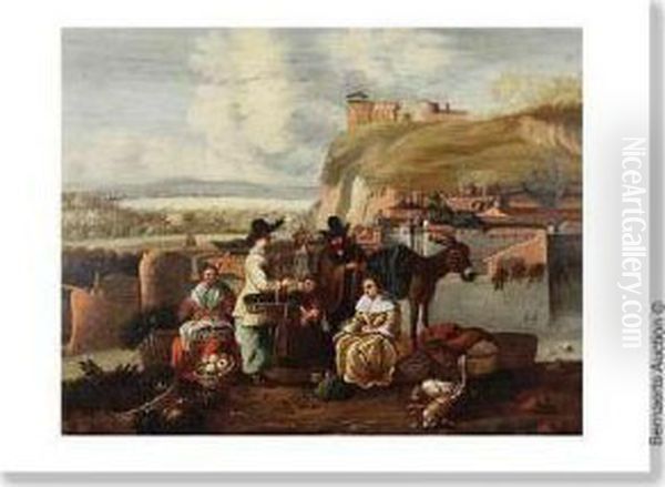 Entourage Vendeurs De Gibier Et De Fruits Au Bord Du Village. Oil Painting by Hendrick Mommers