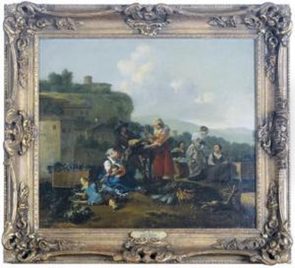 Figures At A Vegetable Market In An Italianate Landscape Oil Painting by Hendrick Mommers