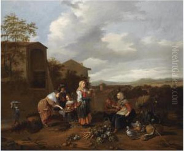 A Market Scene In An Italianate Landscape Oil Painting by Hendrick Mommers