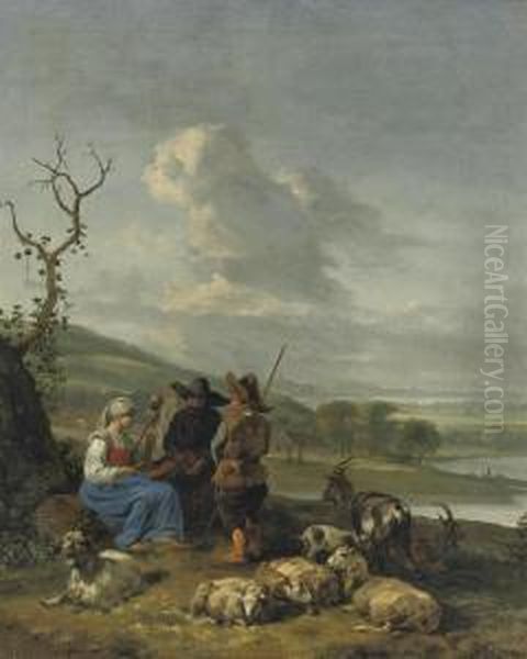 A Peasant Girl Spinning With Two Shepherds Watching Oil Painting by Hendrick Mommers