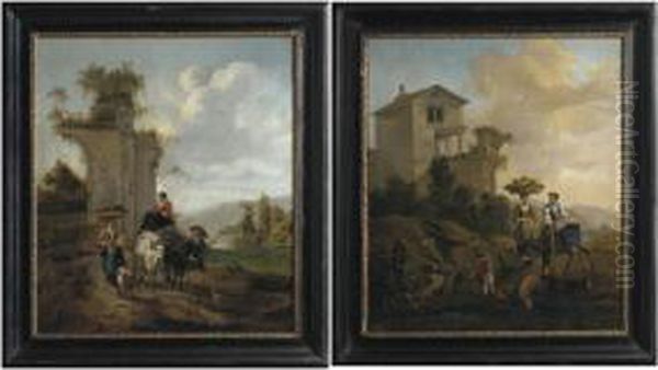 An Italianate Landscape With 
Village Women Travelling To Market With A Donkey; And An Italianate 
Landscape With Villagers And An Ox-cart Oil Painting by Hendrick Mommers