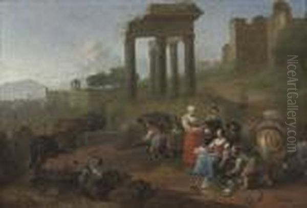 An Italianate Landscape With Peasants At A Market By Classical Ruins Oil Painting by Hendrick Mommers