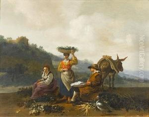 Vegetable Sellers In A Landscape Oil Painting by Hendrick Mommers