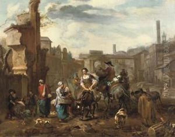 Marketeers On Mules And Other Figures Among Ancient Ruins In A Town Square Oil Painting by Hendrick Mommers