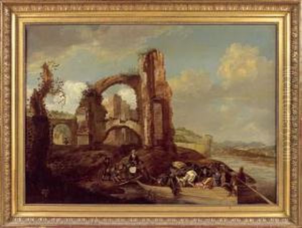 Le Passage Du Bac Devant Des Ruines Oil Painting by Hendrick Mommers