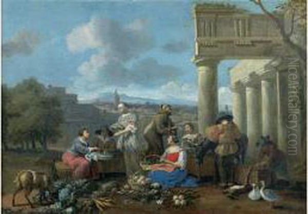 Scene De Marche Devant Des Ruines Antiques Oil Painting by Hendrick Mommers