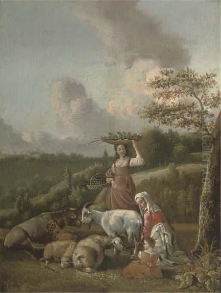 A Mother And Child Milking A Goat Oil Painting by Hendrick Mommers