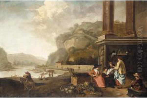 An Extensive Italianate River Landscape With Vegetable Sellers Amongst Classical Ruins Oil Painting by Hendrick Mommers