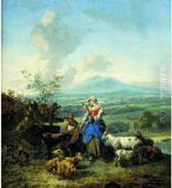 Un Couple De Bergers Et Leur Troupeau Dans Un Paysage Panoramique Oil Painting by Hendrick Mommers