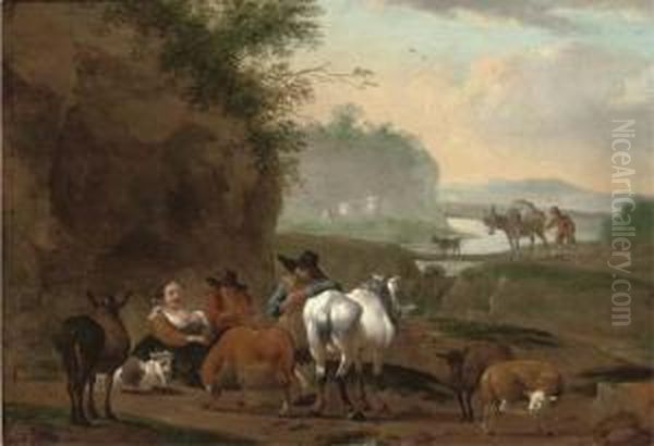 A River Landscape With A Shepherd Family And Their Flock Atrest Oil Painting by Hendrick Mommers