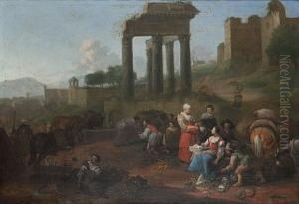 An Italianate Landscape With A Vegetable Seller Before Roman Ruins Oil Painting by Hendrick Mommers