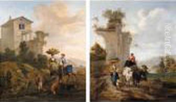 Italianate Landscapes With Drovers And Their Animals Carrying Their Produce To Market Oil Painting by Hendrick Mommers