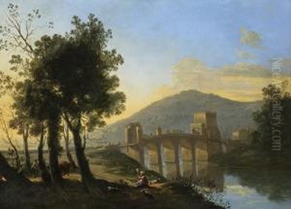 Sudliche Flusslandschaft Mit
 Bogenbrucke. Oil Painting by Hendrick Mommers