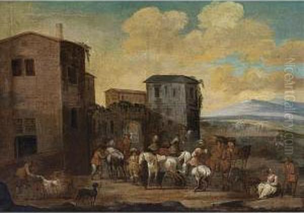 An Italianate Landscape With Horsemen Resting In Front Of Houses Oil Painting by Hendrick Mommers