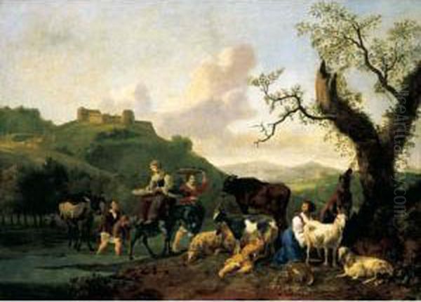 A River Landscape With Drovers And Their Animals Oil Painting by Hendrick Mommers