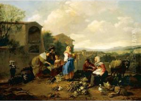 A Market Scene In An Italianate Landscape Oil Painting by Hendrick Mommers