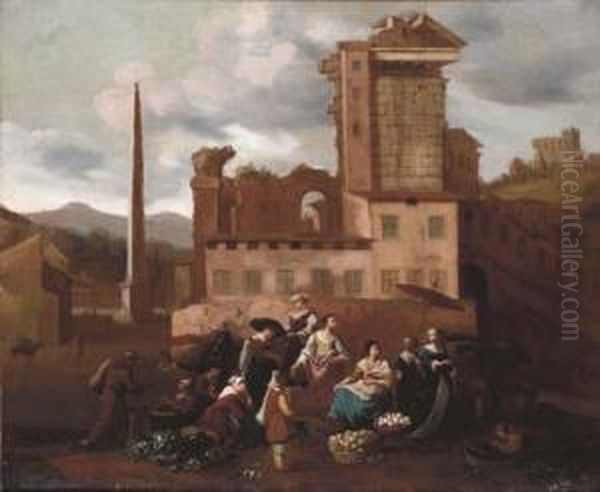 A Market Place Amongst Italian Ruins Oil Painting by Hendrick Mommers